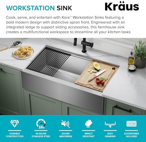 KRAUS Kore 36-Inch Modern Farmhouse Workstation 16 Gauge Single Bowl Stainless Steel Kitchen Sink with Accessories, KWF410-36 - Image 3