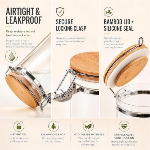 KKC 68oz Glass Spaghetti Container with Airtight Bamboo Clamp Lid - 2000ml Tall Pasta Storage Jar & Long Noodle Holder Keep Fresh Dispenser for Kitchen Pantry Storage Organization - Image 4