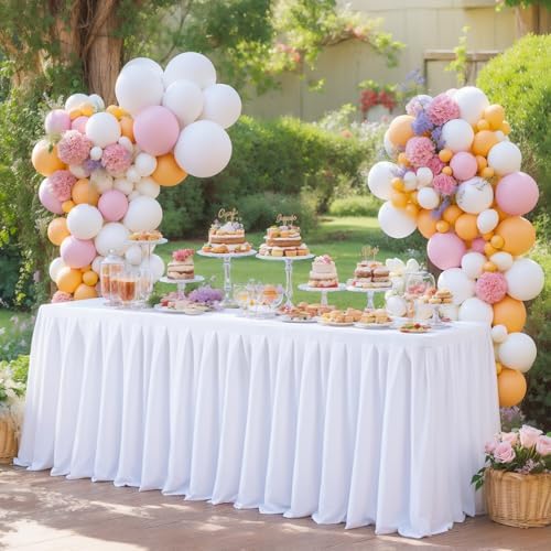 4 Pack White Rectangle Tablecloth 8 FT Stretch Spandex Fitted Table Cloth for 8 Foot Rectangle Tables Banquet Tablecloths Wrinkle Free Table Cover Skirt Ruffle Tablecloth for Party Wedding Birthday - Image 3