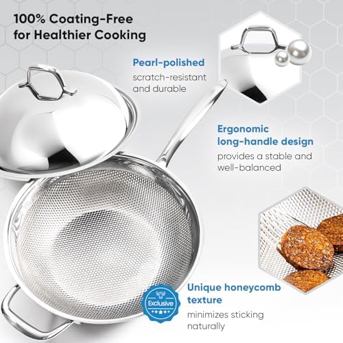 BUFFALO Honeycomb 3ply Stainless Steel Wok Pan 11 inch/28cm with Lid Flat Bottom - Coating-Free Non-stick Stir Fry Pan - Advanced, Scratch-Resistant Design with Stay-Cool Long Handle - Image 2