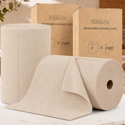 KitchLife Microfiber Cleaning Cloth Roll, 200 Pack - Tear-Away Microfiber Paper Towels, Lint-Free, Reusable, Washable for Kitchen, Car, Dishes, and Sensitive Surfaces (Sand Beige) by OverDoorHooksKitchenSupplies