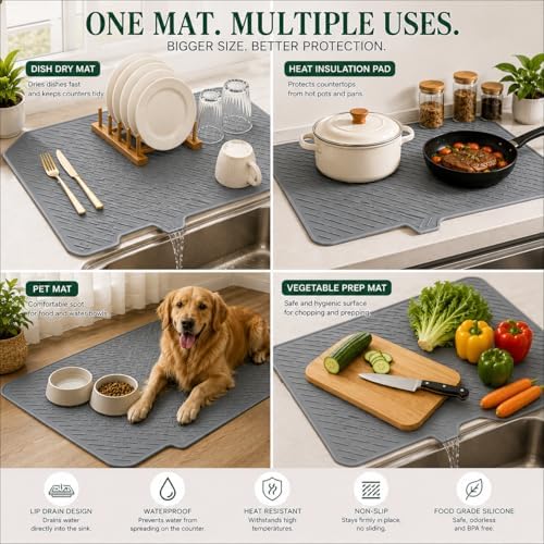 Silicone Dish Drying Mat for Kitchen Counter – 23x17 Inch, Heat Resistant, Non-Slip, Built-in Drain Lip, Protects Countertop, Prevents Water Build up, Quick Dry, Easy to Clean Dish Drainer Mat - Image 5