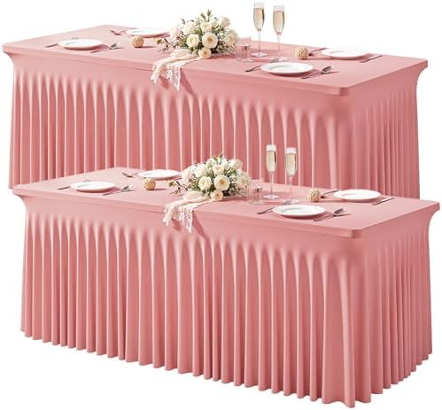 Wish Care 2 Pack Dusty Rose Spandex Table Clothes for 6 Foot Rectangle Tables, 6FT Wrinkle Free Fitted Tablecloths Ruffles Design Table Cloth for Party, Banquet, Wedding and Events by WishCare