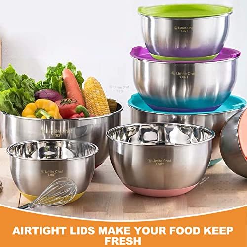 Umite Chef Mixing Bowls with Airtight Lids, 6 Piece Stainless Steel Metal Bowls, Measurement Marks & Colorful Non-Slip Bottoms Size 7, 3.5, 2.5, 2.0,1.5, 1QT, Great for Mixing & Serving - Image 4
