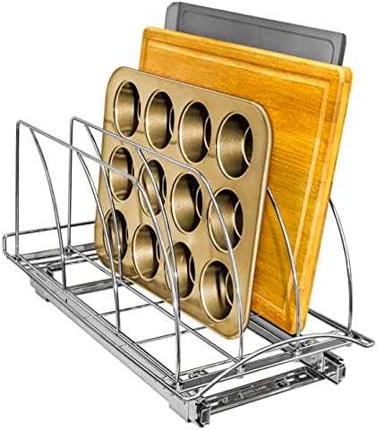 LYNK PROFESSIONAL® Pull Out Cookie Sheet Organizer for Cabinet – Baking Sheet Organizer – Sheet Pan Organizer - Lifetime Ltd. Warranty – 10” x 21” Deep Inside Cabinet, Chrome by LYNKPROFESSIONAL