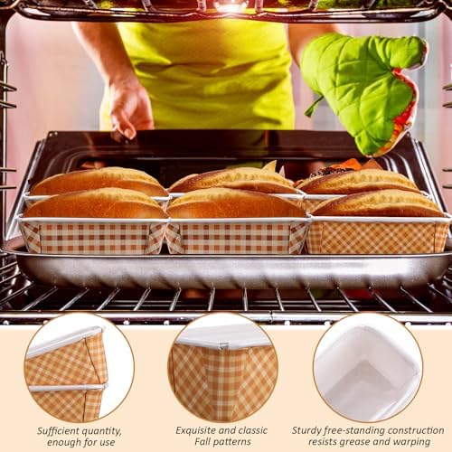 Hushee 50 Sets Fall Paper Loaf Pan 6.3 x 2.2 x 2.2 Inch Disposable Cake Pan Liners with Clear Plastic Bags and Ties Rectangle Paper Baking Mold for Thanksgiving Autumn Bread Cake Bakery(Plaid) - Image 3