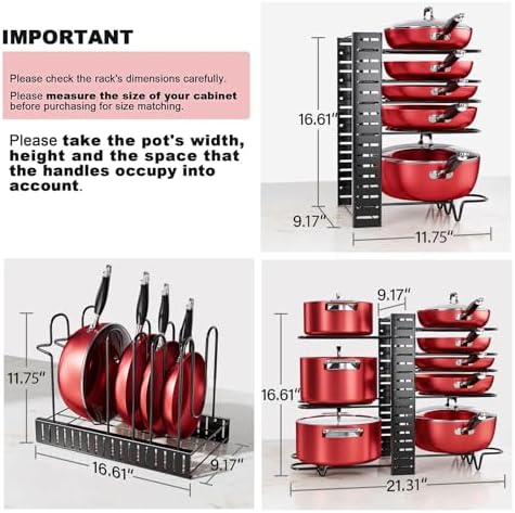 MUDEELA 8-Tier Pots and Pans Organizer under Cabinet, 16.61" Height Light Duty Pot and Pan Organizer Kitchen Cabinet Organization and Storage, Adjustable Pot Rack with 3 DIY Methods for Lids, Bakeware - Image 2
