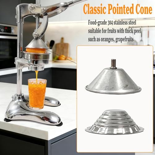 2IN1 Cast Aluminum Manual Citrus Juicer Hand Press,Upgraded of Iron,Funnel Cone in 304 Stainless Steel,H 17.72inch,Orange Lemon Pomegranate Squeezer Machine Heavy Duty,Electroplate Surface(Silver) - Image 3