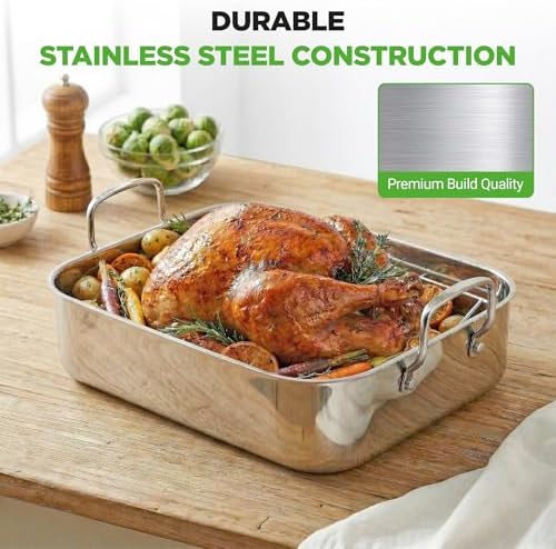NutriChef Premium Stainless Steel Roasting Pan with Rack – Heavy‑Duty 14″ Turkey Roasting Pan for Turkey, Chicken & Meats (Wide Handles, Dishwasher Safe) - Image 3