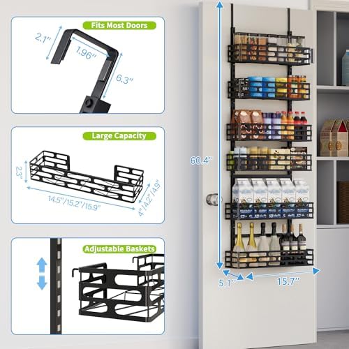 6-Tier Over Door Pantry Organizer, 60.4" H Heavy Duty Metal Hanging Storage Rack for Laundry Bathroom, Black - Image 2