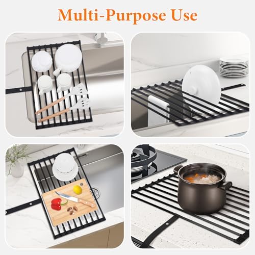 Roll Up Dish Drainer Rack, Over The Sink, Drying Mat Large Foldable with Anti-Slip Silicone Edges and Strap for Plates, Bowls, Cups, 51x32cm, Black - Image 7