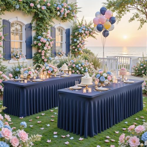 gogoparti 2 Pack Spandex Navy Blue Fitted Table Cloth for 6ft Rectangle Tables Navy Blue Stretch Tablecloth Banquet Table Covers Skirt Wrinkle Free Tablecloths for Parties Wedding - Image 4