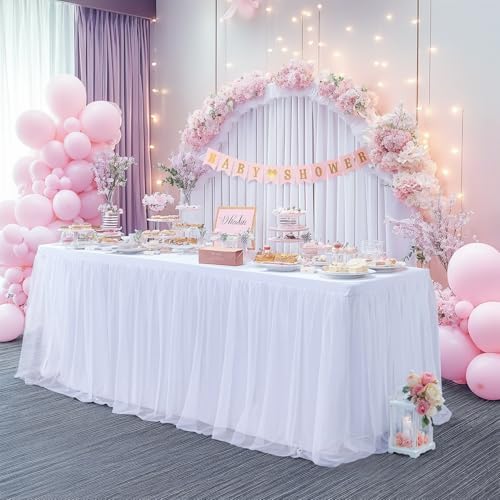 White Table Cloth Rectangle Table Covers for 6 Foot Tables, White Tulle Table Skirt Rectangle Table 6ft Stretch Tulle Tablecloth Skirt Fitted Elastic Banquet Party Wedding Table Cloth for 6 Foot Table - Image 5