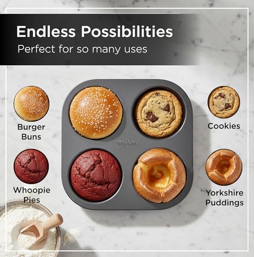Wrenbury Jumbo Whoopie Pie Pan 4 Cup - Large Muffin Top Pan Heavy Gauge Shallow Carbon Steel Baking Tray for Burger Buns Yorkshire Pudding Cornbread - PFOA Free Nonstick - Image 4