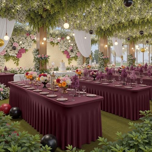 CO-AVE 4pk Burgundy Spandex Tablecloths 6ft for Rectangle Tables, Wrinkle Free Classy Table Skirt Stretchy Fitted Table Cloths Covers 6 Foot for Weddings Birthday Party Events Banquette Baby Shower - Image 3