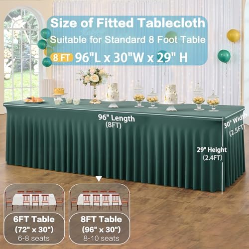 2 Pack Hunter Green Spandex Table Clothes for 8 Foot Rectangle Tables, Wrinkle Free Fitted Table Cover 8ft Green Stretchy Tablecloths with Skirt for Parties Weddings Birthday Banquet Baby Shower - Image 5