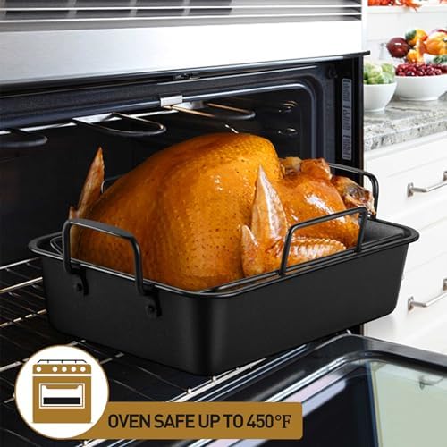 P&P CHEF 16" Roaster Roasting Pan with Baking Rack and V-shaped Rack, Stainless Steel Rectangular Lasagna Pan with Handles for Turkey Chicken, Healthy & Dishwasher Safe, 3 Pieces, Black - Image 6