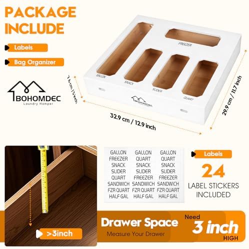 Bamboo Ziplock Bag Storage Organizer for Drawer -White, 5 in 1 Baggie Organizer with 24 Labels - Fits Gallon, Quart, Sandwich & Snack Bags - Wall Mountable Kitchen Drawer Organizer, 3in - Image 3