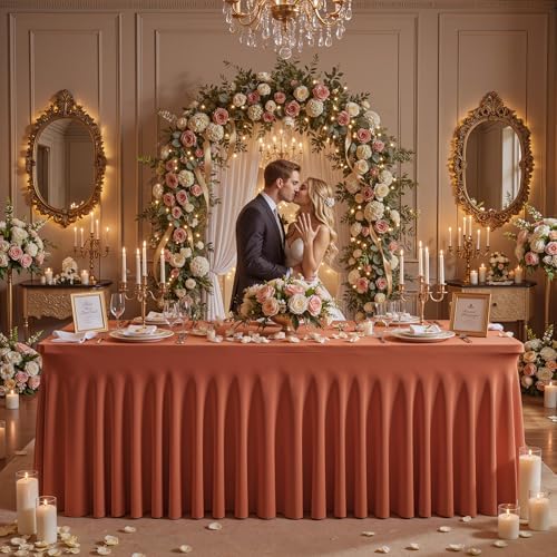 Wish Care 2 Pack Rust Spandex Table Clothes for 4 Foot Rectangle Tables, 4FT Wrinkle Free Fitted Tablecloths Ruffles Design Table Cloth for Party, Banquet, Wedding and Events - Image 5