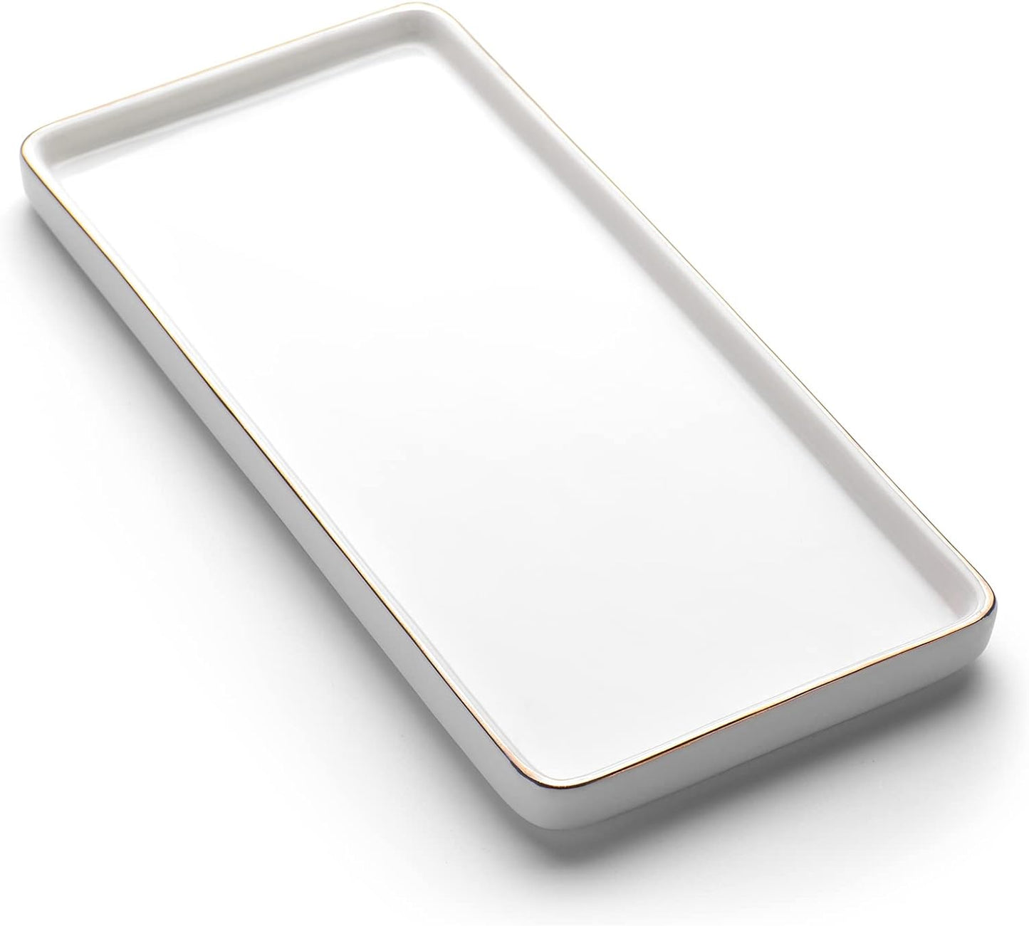 Gurygo 10" Bathroom Tray, Ceramic Vanity Trays for Bathroom, Small Ceramic Tray, Kitchen Soap Trays for Kitchen Counter (White with Gold-Edged, 10",Set/1)