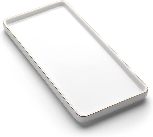 Gurygo 10" Bathroom Tray, Ceramic Vanity Trays for Bathroom, Small Ceramic Tray, Kitchen Soap Trays for Kitchen Counter (White with Gold-Edged, 10",Set/1)