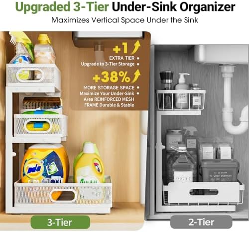 Under Sink Organizer 3 Tier, 2 Pack L-Shaped Pull-Out Cabinet Organizer with Sliding Metal Mesh Drawers, Height Adjustable Under Sink Storage Rack for Kitchen Bathroom Cabinet, White - Image 5