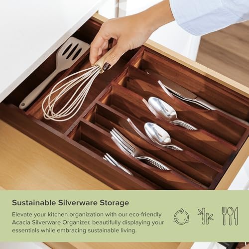 KitchenEdge Silverware & Utensil Organizer, Fixed 10.5 in, Acacia | Cutlery, flatware holder, rounded corners, 7 compartments, non-slip feet, kitchen drawers - Image 5
