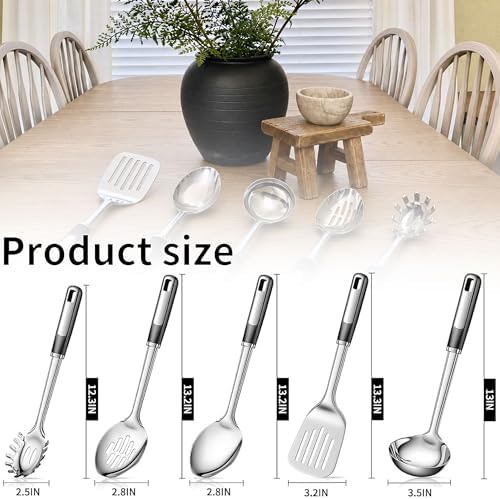 Stainless Steel Cooking Utensils Set with Ergonomic Handles.5-Piece | Includes a ladle, pasta server, turner, serving spoon and slotted spoon for versatile meal preparation. - Image 2