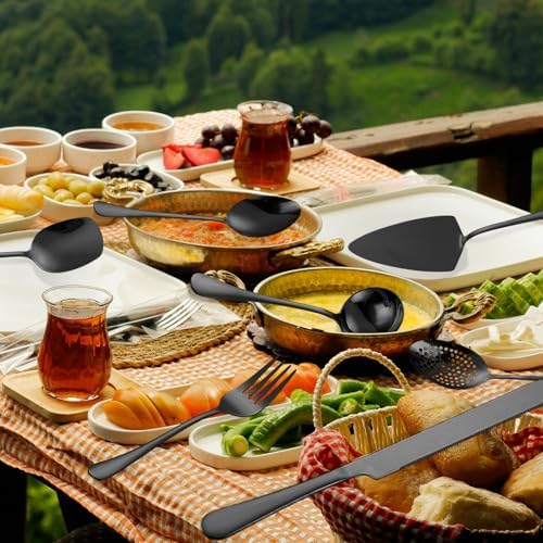 Black Utensils Catering Set 11-Piece Stainless Steel Spatula Turner Serving Spoon Fork Skimmer Ladle Cake Server Cutter, Buffet Banquet Kitchen Restaurant Hostess Set Easy to Clean - Image 4