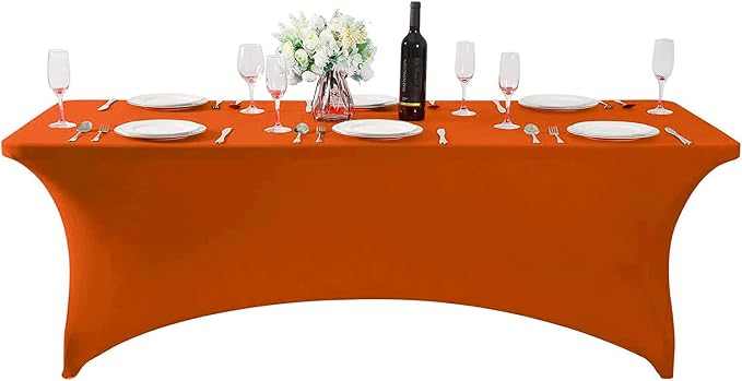 MDS® Pack of 15 Spandex Tablecloth 8FT Tight Fitted Stretch Table Cover – Washable Wrinkle-Free Reusable Elastic Patio Tablecloth for Wedding, Party, Banquet, Trade Show, Event Décor - Orange - Image 2