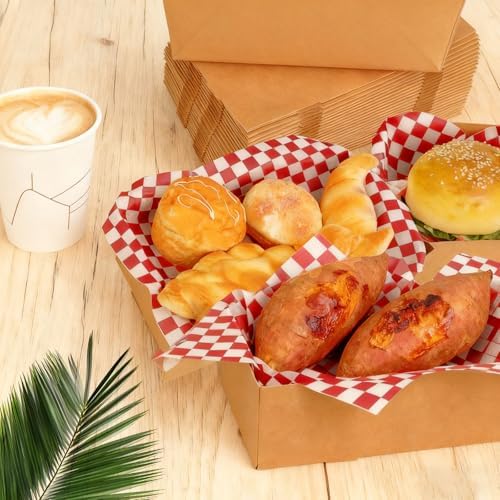 220 Pcs Paper Food Tray with Checkered Wrapping Paper Brown Greaseproof 4 Corner Pop up Paperboard Food Box Disposable Foldable Cardboard Trays for Theater Stadium - Image 5