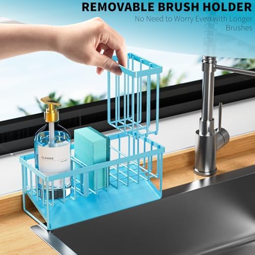 Cisily Blue Kitchen Sink Caddy Organzier with High Brush Holder, Sponge Holder for Sink, 304 Rustproof Stainless, Kitchen Countertop Soap Dispenser Organizer, Blue Home Decor and Accessories - Image 3