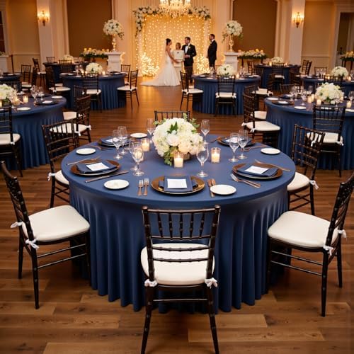 Outpain 4 Pack Spandex Navy Blue Round Tablecloths for 60in Tables, 120Inch Stretchy Fitted 5FT Round Table Clothes,Wrinkle Free Table Cover with Skirt for Wedding Party Dining Banquet - Image 4