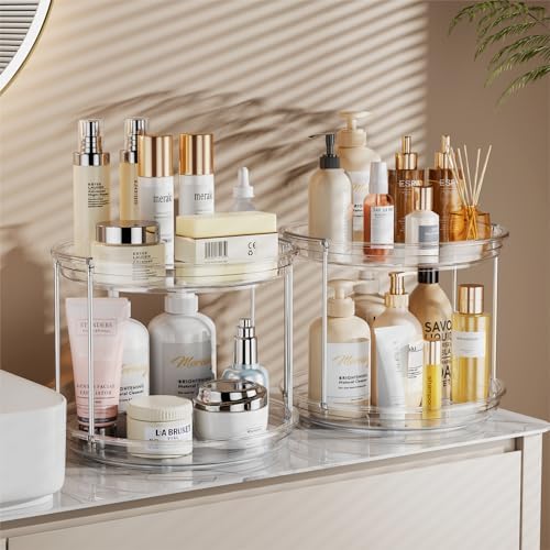 LAMU 2 Pack 2 Tier Lazy Susan Turntable Organizer 9.25'' Rotating Spice Rack Organization for Cabinet, Kitchen, Pantry, Countertop, Bathroom, Vanity, Medicine Cabinet Organizer, Clear - Image 4