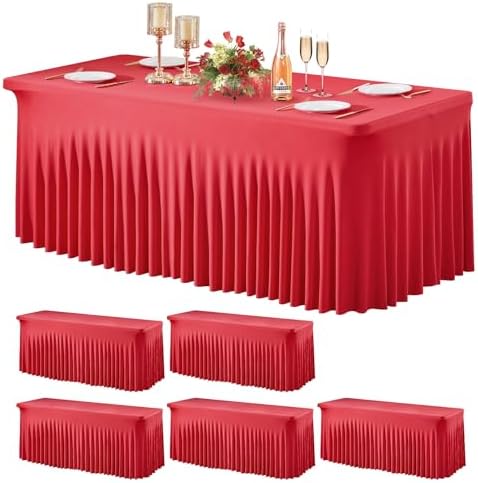 Wish Care 6 Pack Red Spandex Table Clothes for 8 Foot Rectangle Tables, 8FT Wrinkle Free Fitted Tablecloths Ruffles Design Table Cover for Party, Banquet, Wedding and Events by WishCare