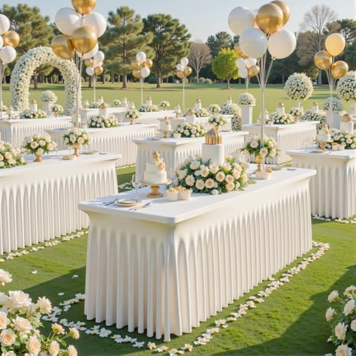 6 Pack Ivory Spandex Table Covers & Table Skirt for 6FT Rectangle Tables - Fitted 6 Foot Stretch Fabric Tablecloth with Pleats, Wrinkle Free for Weddings, Parties, Craft Fairs & Folding Tables - Image 2