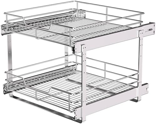 JOWBOOW 2-Tier Pull Out Cabinet Organizer, 17" W x 22" D, Chrome | Heavy-Gauge Wire Sliding Shelves , 100 lbs Capacity, Ball-Bearing Glides, Min 18" Opening, For Pots & Bakeware Storage by JOWBOOW