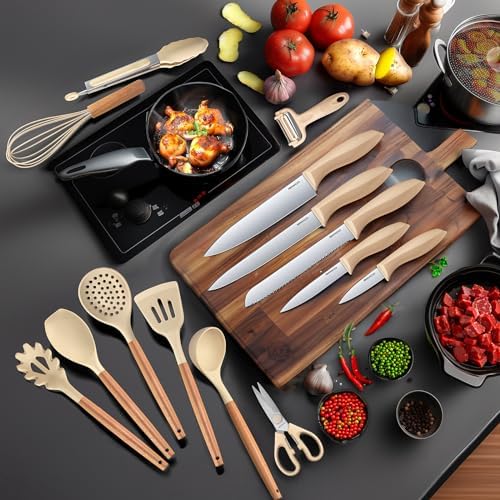 RAXCO Cooking Utensils Set,18-Piece Kitchen Utensils and Knife Set,Khiki | Food-grade Silicone Utensils Heat-resistant to 410°F,5-Piece Stainless Steel Kitchen Knife with Sharpener and Cutting Board - Image 2