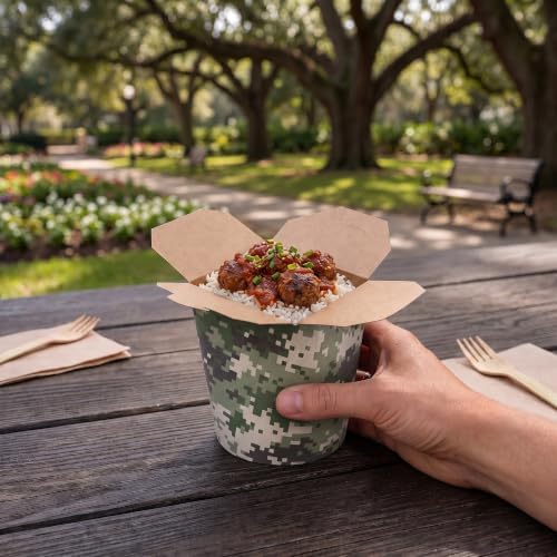 Restaurantware-Bio Tek 3.2 x 2.9 x 4 Inch Food Containers, 200 Noodle Takeaway Boxes - Disposable, Sturdy, Camouflage Paper 16 Ounce Take Out Boxes, Round, For Hot Or Cold Foods - Image 5