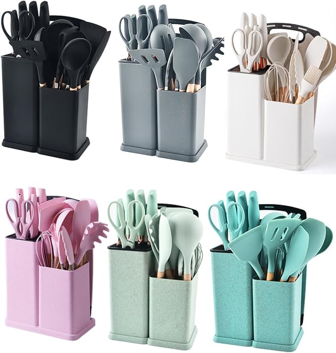 19 Pcs Kitchen Cooking Utensils and Knife Set with Block, Include 11 Pcs Silicone Cooking Utensils Set 5 Pieces Sharp Stainless Steel Chef Knives Scissors Whisk Tongs and Cutting Board (Light Green) - Image 9