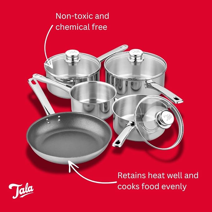 Tala Performance 5 Pc Stainless Steel Cookware Set containing Saucepans Glass lids, 16, 18 and 20cm. 14cm Milk pan, 24cm Non-Stick Fry Pan, 5 Pc Set, Polished Mirror Shine Finish - Image 3