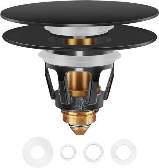 Universal Bathroom Sink Stopper in Brass, 1.04-1.97 Inch Pop Up Basin Sink Drain Stopper, Sink Drain Strainer with Anti Clogging Filter Hair Catcher, Large Lid Black