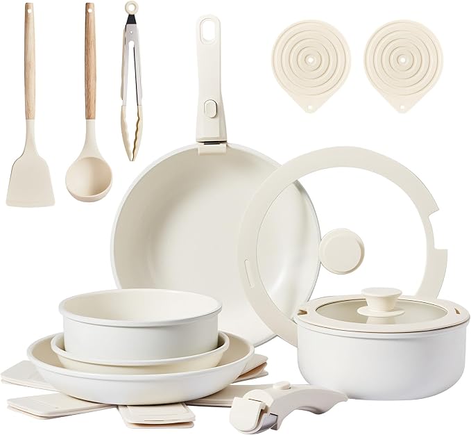 Bonnlo 19 Pcs Nonstick Pots and Pans Set with Lids, Kitchen Cookware Set with Detachable Handle Include Saucepan, Frying and Saute Pan, PFAS PFOA & PFOS Free, RV Induction, Aluminum, Cream White by Bonnlo