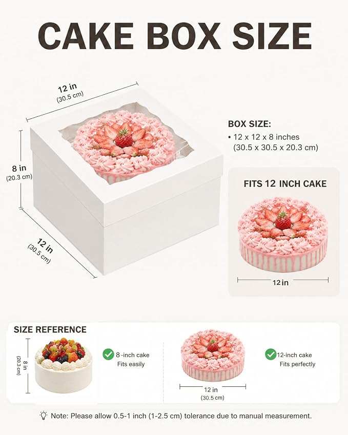 qiqee White 12"x12"x8" Cake Box 36Pcs, 12" White Cake Round Boards 36Pcs, for Cake, Treat Cookie Dessert, Pastry, Birthday Party - Image 4