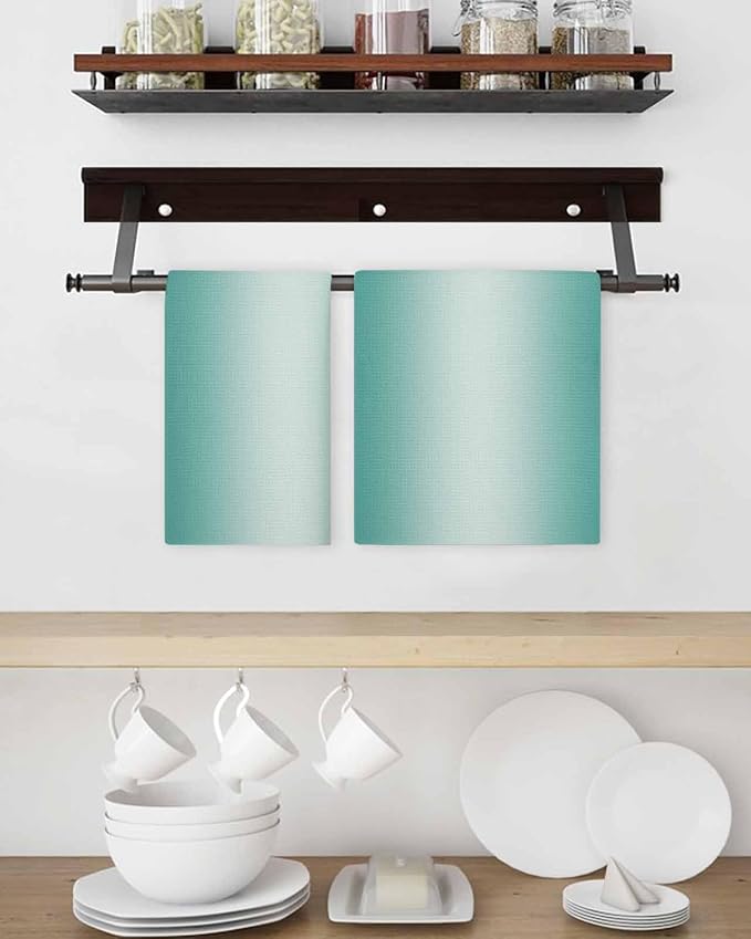 Ombre Turquoise Dish Towels Set, Waffle Weave Kitchen Towels Microfiber Towels Cleaning, Gradual Solid Contemporary Minimalist Color Soft Absorbent Dish Drying Towels Hand Towels 4 Pack 15.7x23.6 Inch - Image 3
