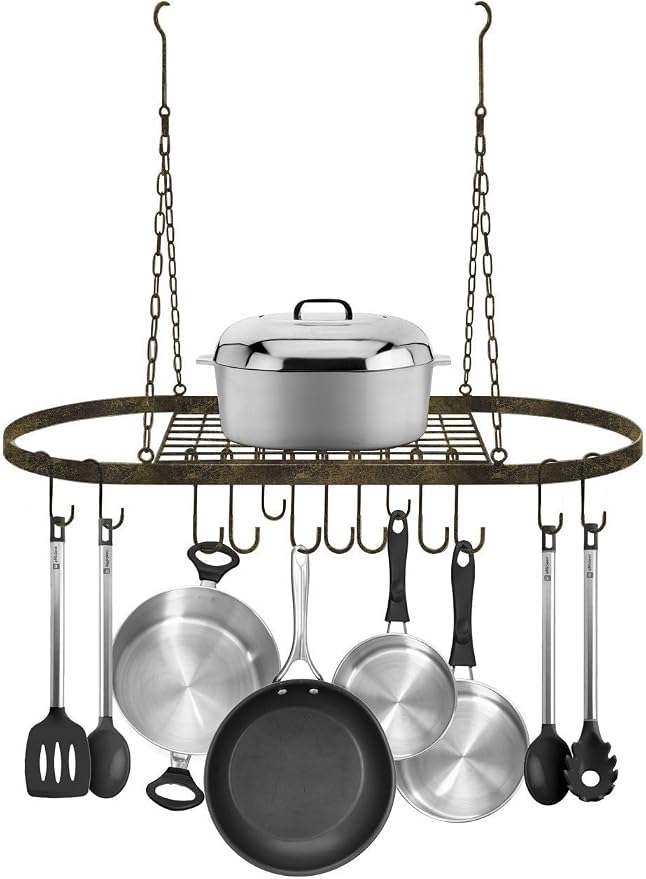 Sorbus Hanging Pot Rack, Ceiling-Mount Kitchen Organizer (Rustic) | Decorative oval fixture with hooks arranges cookware, utensils and books for practical overhead use in homes or restaurants. - Image 5