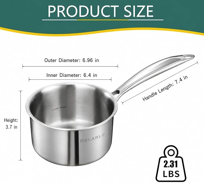 DELARLO Full-body Clad Tri-ply Stainless Steel 2 Quart Saucepan with Lid - Image 2