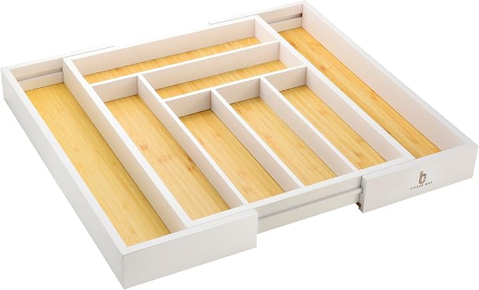 Bamboo drawer organizer, utensil holder, silverware organizer, and adjustable cutlery tray with drawer dividers, for kitchen, office desk, and bathroom storage (White) by CozeeBay