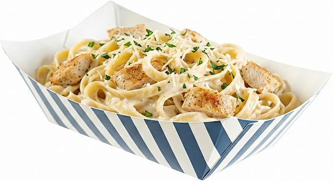 Restaurantware-Bio Tek 6 Ounce Boat Paper Boats, 50 Disposable #40 Food Trays - PE Lining, Durable, 4.88 x 4 x 1.5" Blue And White Striped Paper Food Baskets, For Concession Stands, Picnics, or Fairs - Image 6