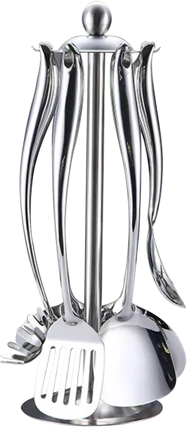 18/10 Stainless Steel Cooking Utensils Set with Holder, 7-Pieces All Metal Kitchen Utensils, Kitchen Cooking Tools, Kitchen Tools with Countertop Rotating Stand - Image 8